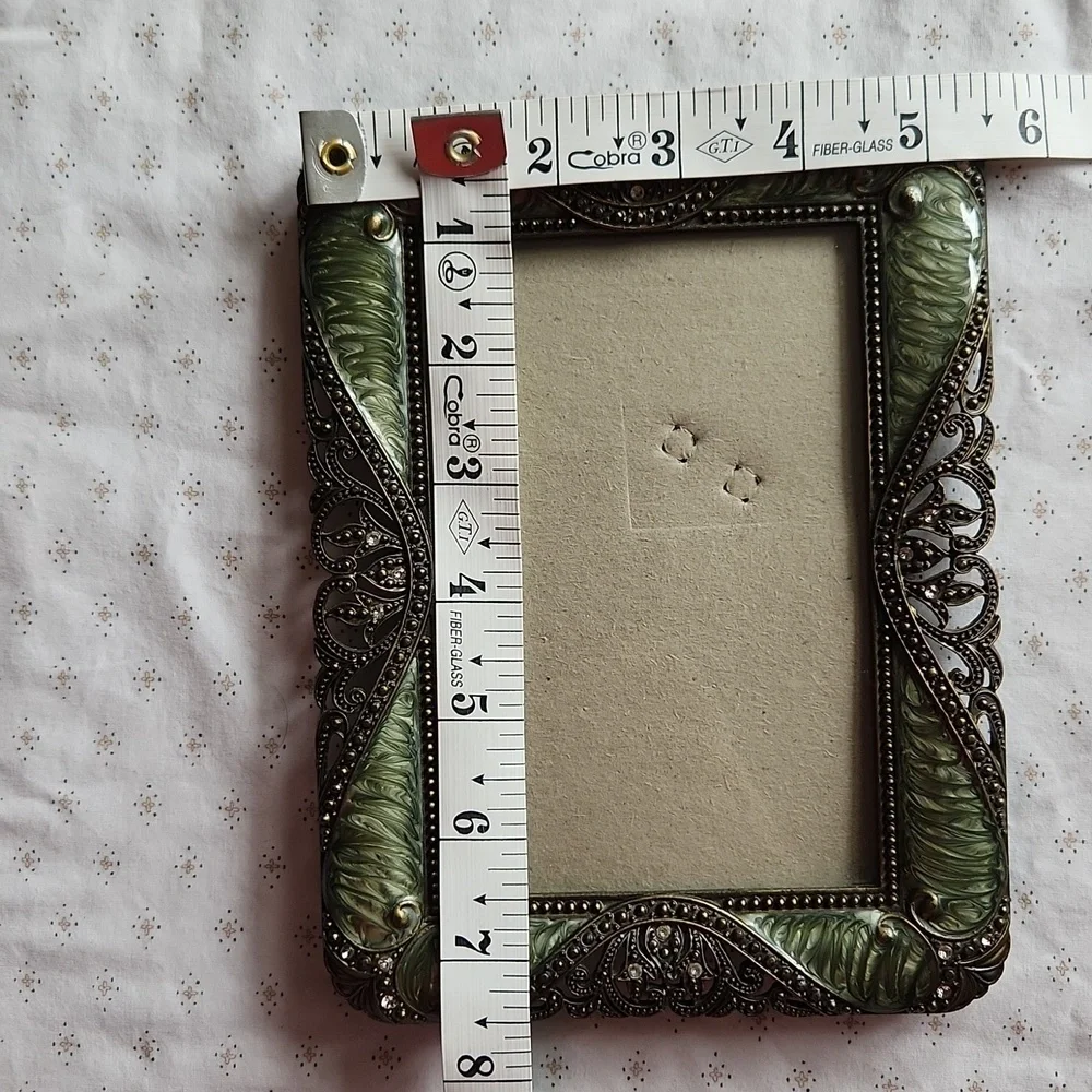 Vintage Green Enamel and Rhinestone Filigree Elegant Ornate Photo Frame